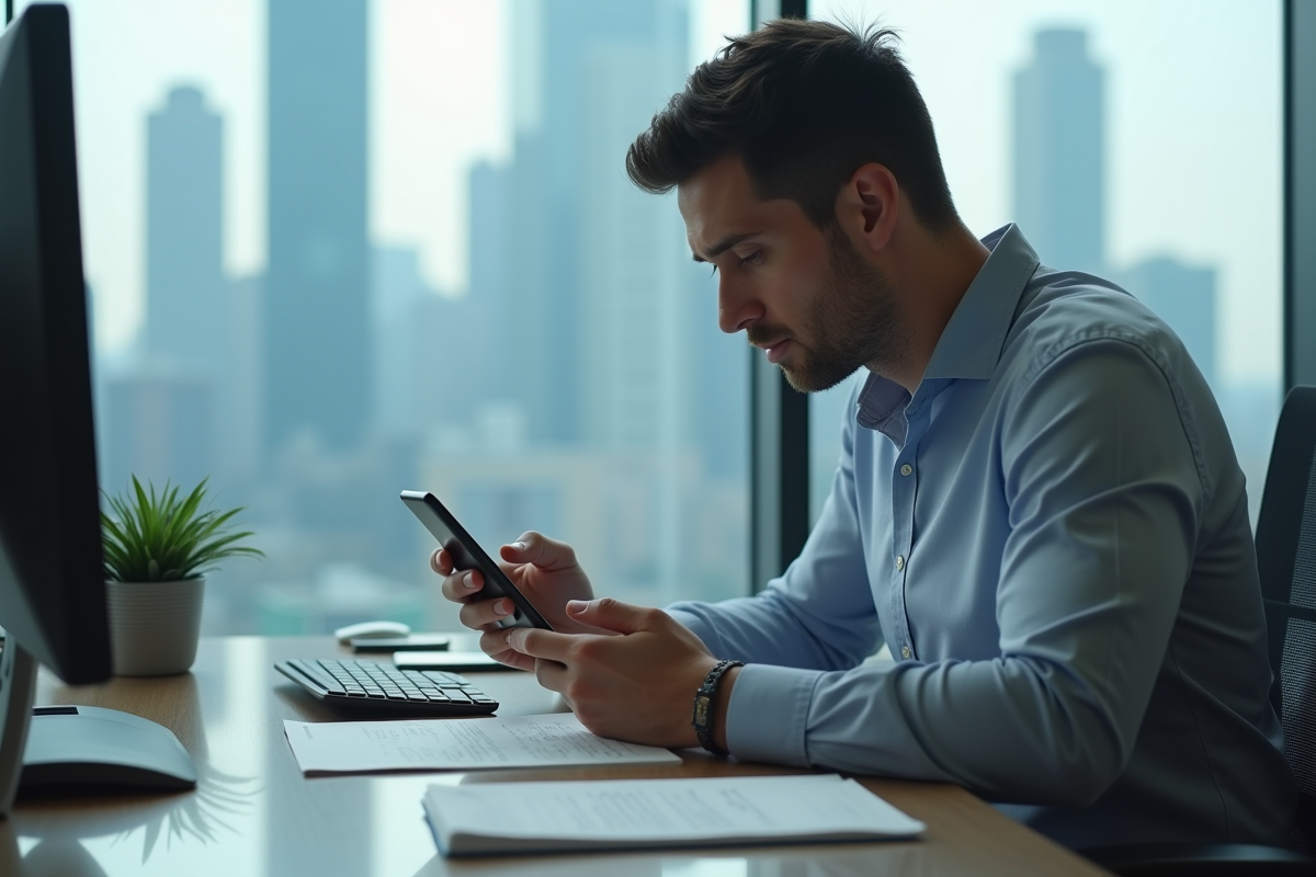 Homme d affaires examinant la sécurité sur son smartphone