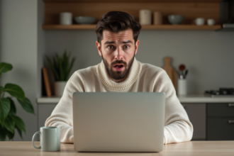 Homme en sweater regardant son ordinateur portable