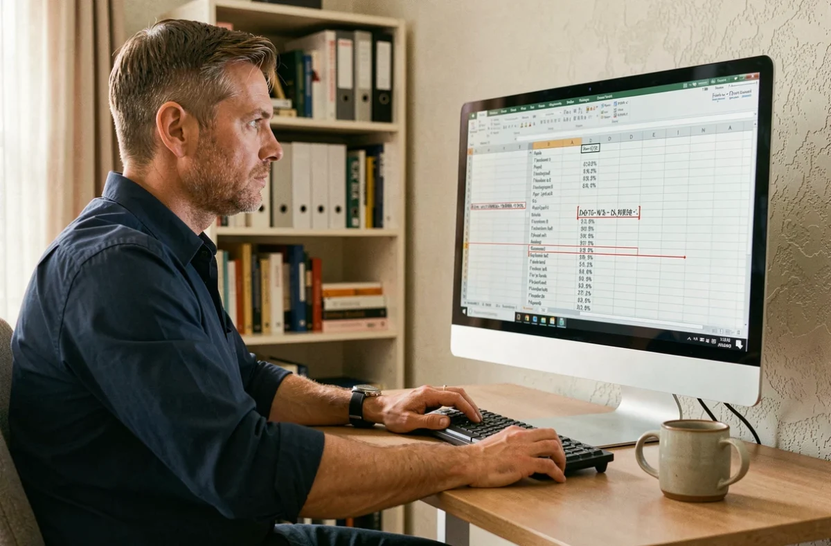 Homme en télétravail analysant une formule de pourcentage incorrecte sur Excel