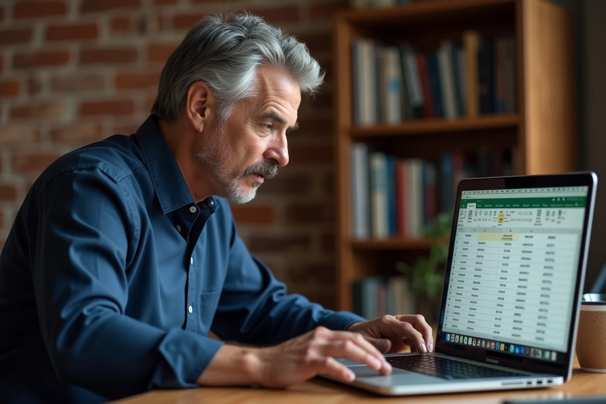 Homme en télétravail supprimant des doublons dans un fichier Excel sur laptop