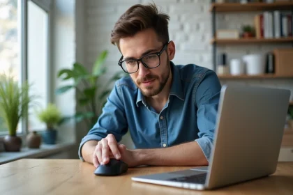 Homme en denim testant sa souris sans fil dans un bureau minimaliste