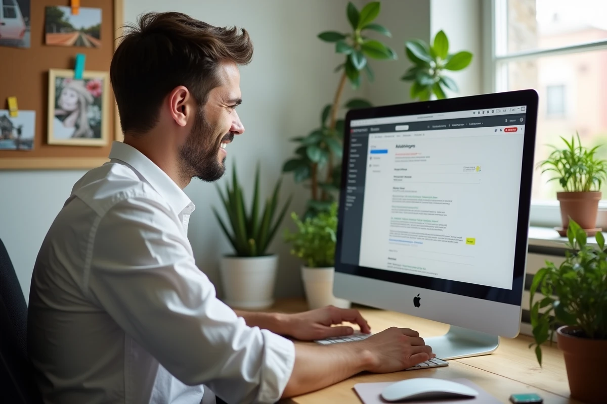 Homme utilisant un ordinateur dans un bureau cosy avec plantes