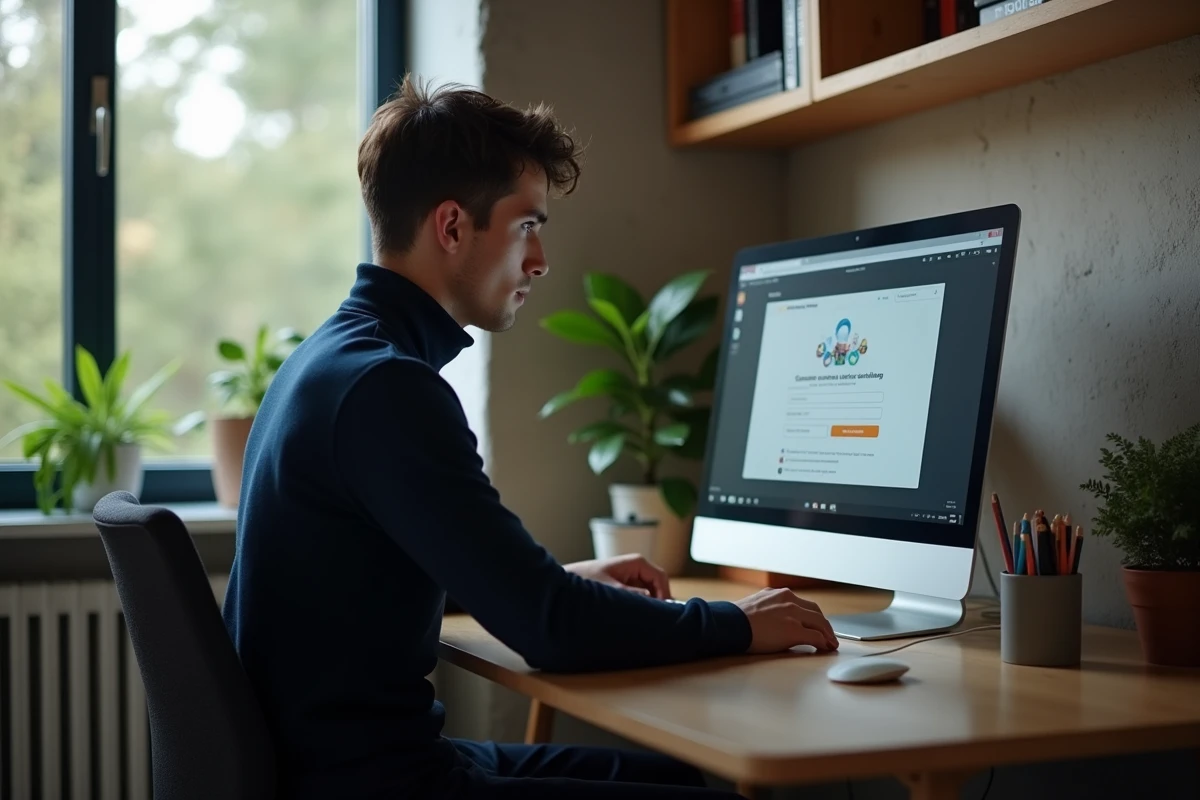 Homme en turtleneck travaillant sur ordinateur dans son bureau