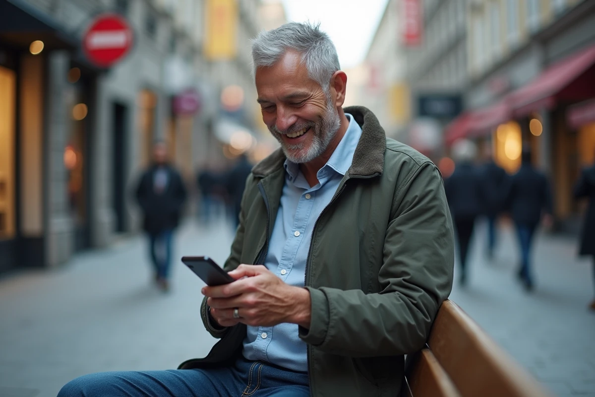 Homme dans la ville examine son nouveau téléphone
