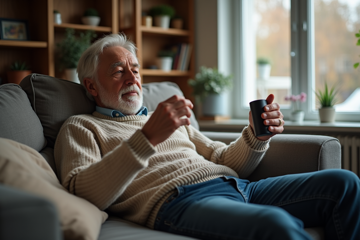 Homme âgé dictant une recherche vocale dans un salon chaleureux