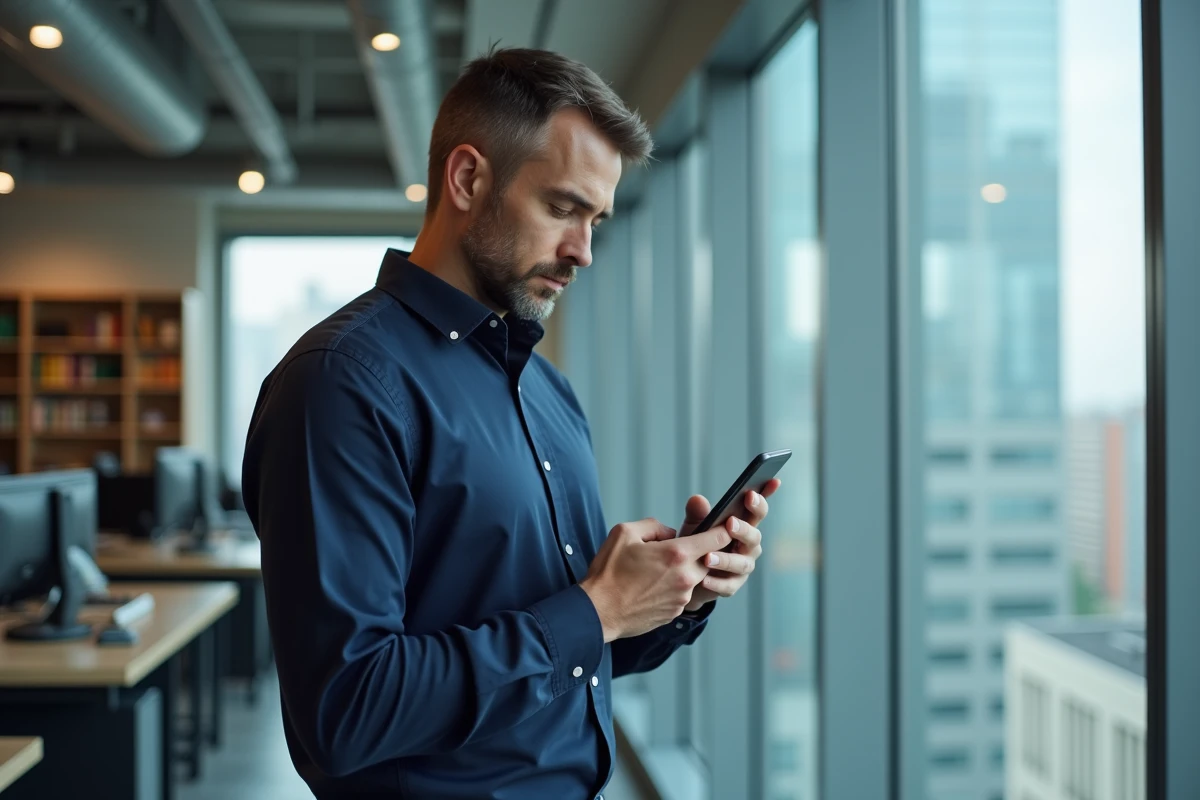Homme professionnel accédant au webmail ia72 sur mobile en bureau