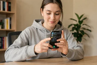 Femme utilisant la fonction imprime écran sur un smartphone Samsung Galaxy dans un bureau à domicile