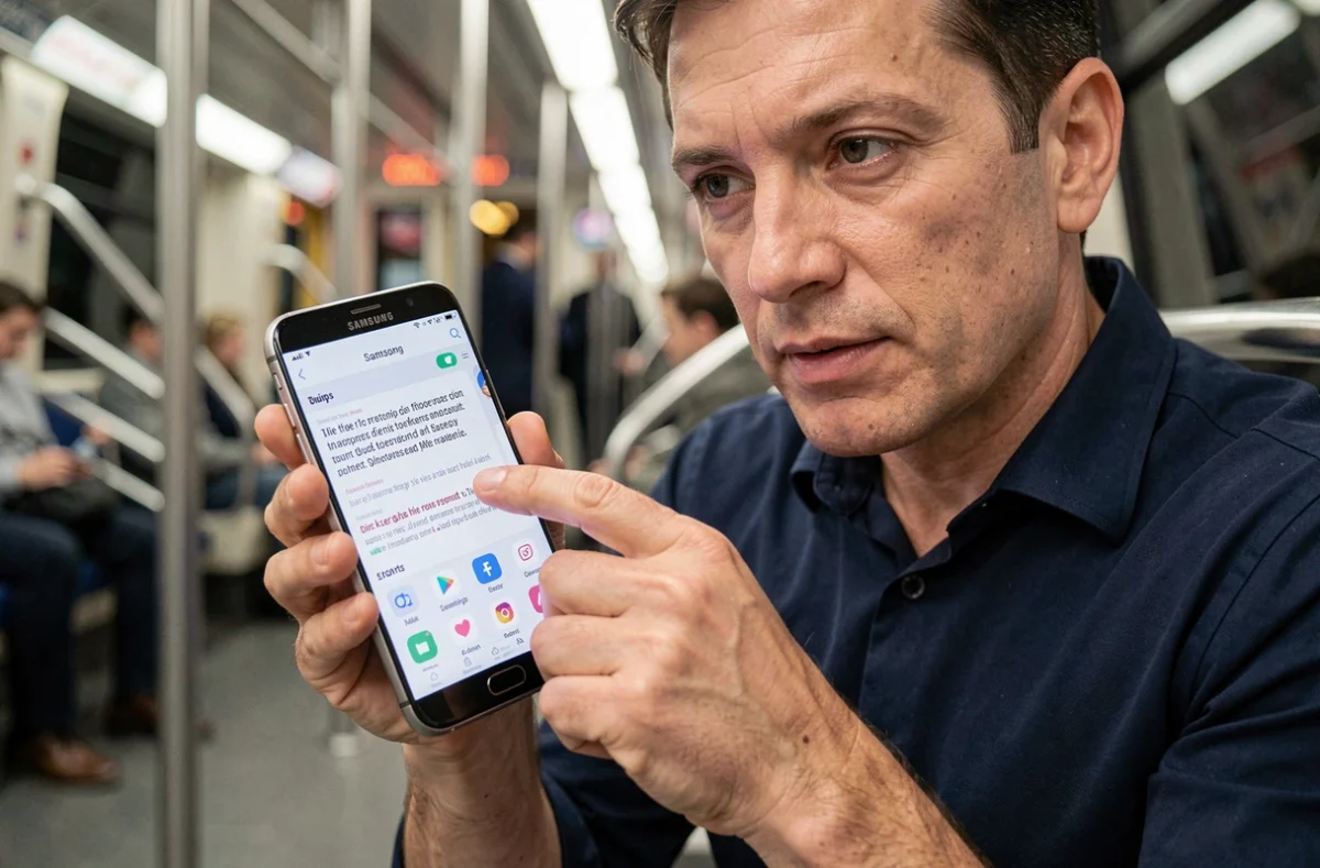 Homme prenant une capture d'écran sur Samsung dans le métro grâce aux raccourcis rapides