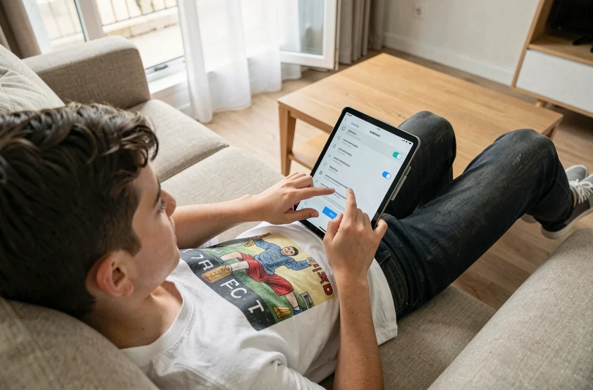 Adolescent utilisant le geste de capture d'écran par balayage de la paume sur une tablette Samsung
