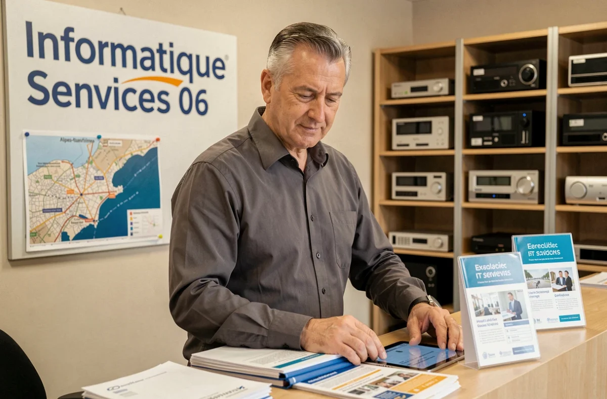 Responsable d'Informatique Services 06 à l'accueil de son agence professionnelle dans les Alpes-Maritimes