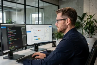 Ingénieur en sécurité informatique analysant des protocoles d'authentification TBS sur plusieurs écrans dans un bureau moderne en 2026