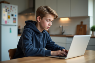 Adolescent concentré sur son ordinateur dans la cuisine