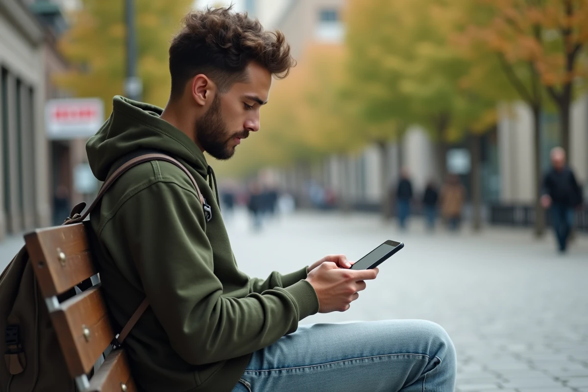 Jeune adulte configurant le webmail ia72 sur son téléphone en extérieur