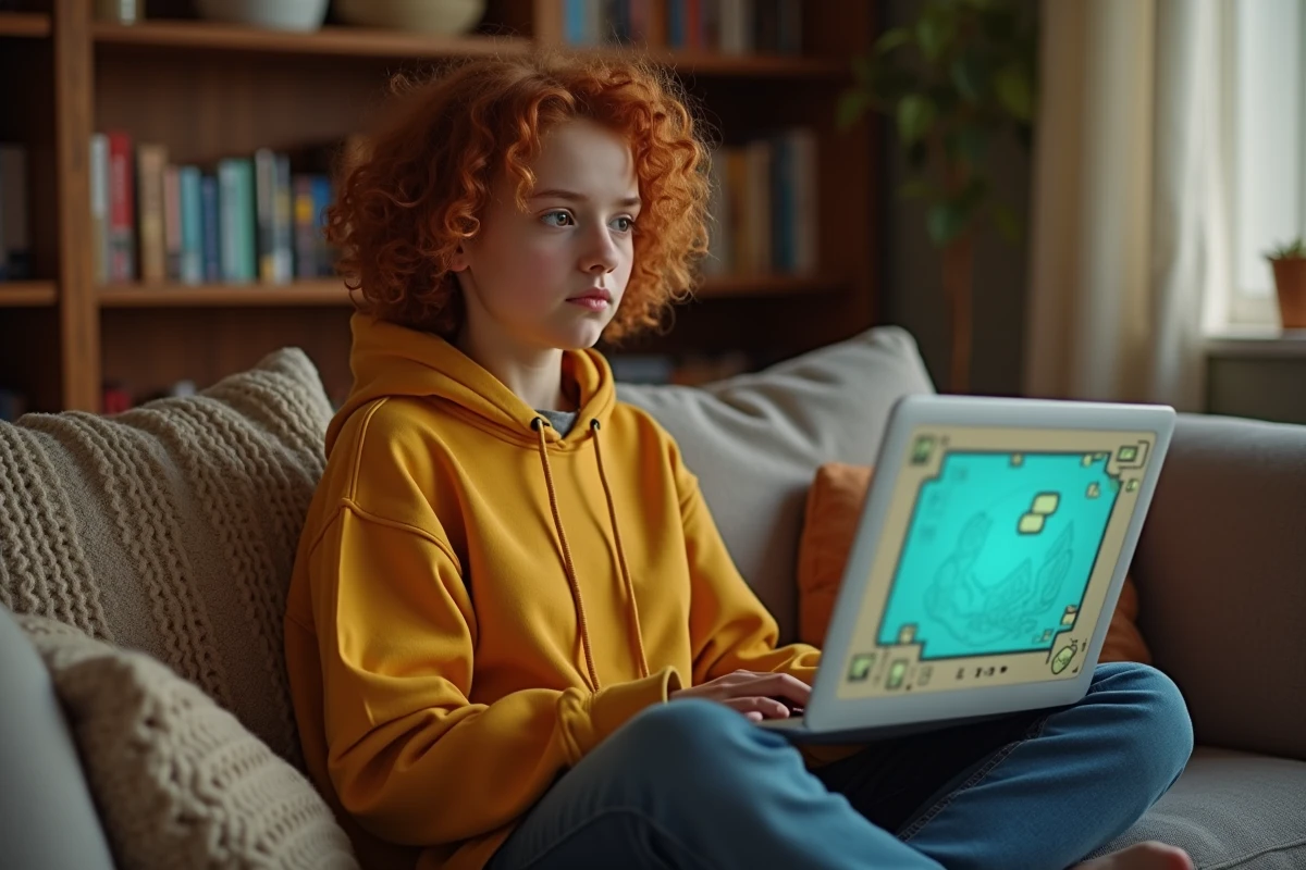 Jeune personne utilisant une application de dessin rétro sur MacBook Air dans un salon cosy