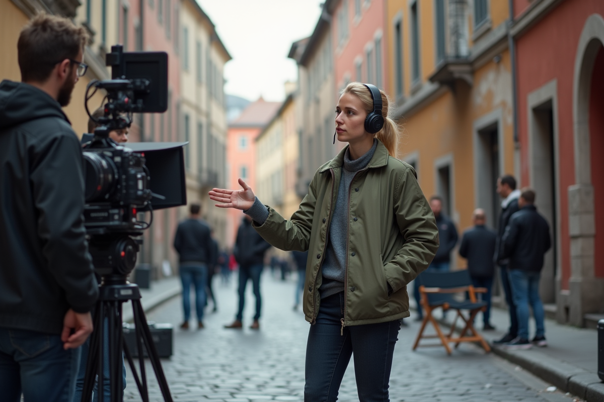 Jeune femme réalisatrice en extérieur avec caméra