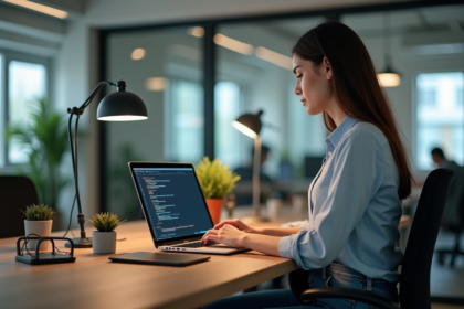 Femme concentrée sur son ordinateur dans un bureau moderne