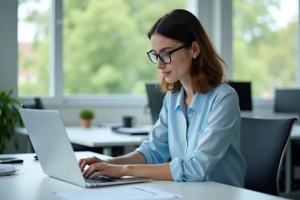 Jeune femme au bureau en train de trier ses emails