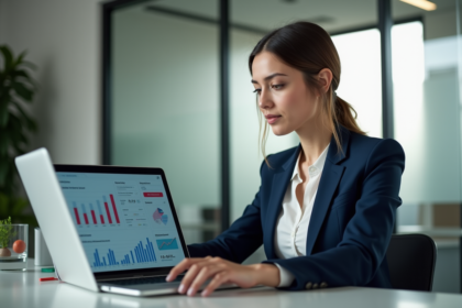 Jeune femme en bureau regardant son ordinateur portable