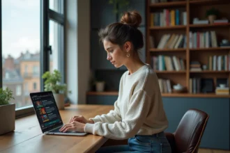 Jeune femme travaillant sur un ordinateur dans un appartement urbain