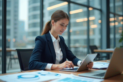 Jeune femme en blazer bleu travaillant sur un diagramme visuel