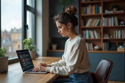 Jeune femme travaillant sur un ordinateur dans un appartement urbain