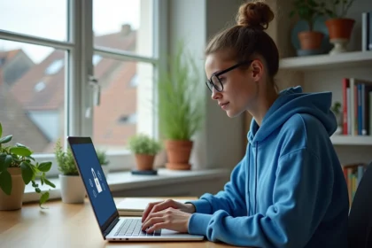 Jeune femme en hoodie bleu travaillant sur son ordinateur à Rennes