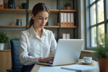 Jeune femme professionnelle travaillant sur son ordinateur dans un bureau moderne