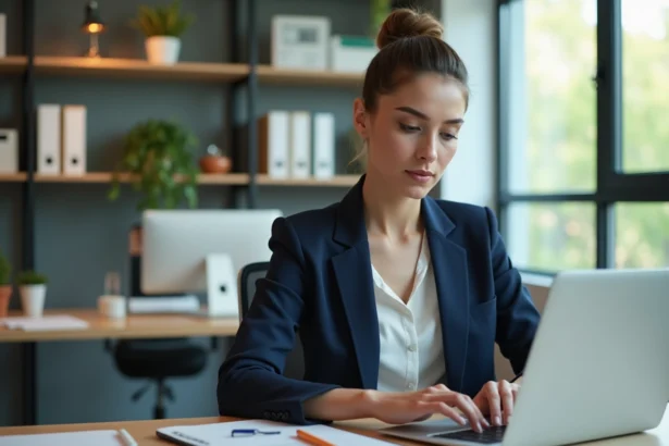 Jeune femme professionnelle tapant sur un ordinateur dans un bureau lumineux