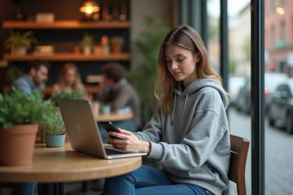 Jeune femme décontractée au café avec ordinateur et smartphone