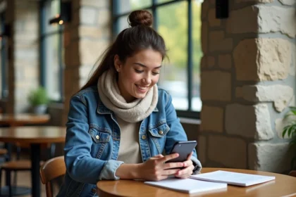 Jeune femme configure son webmail sur smartphone dans un café