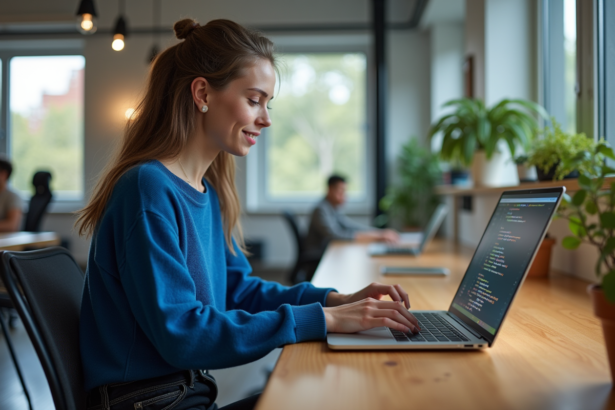 Jeune femme en coding dans un bureau lumineux
