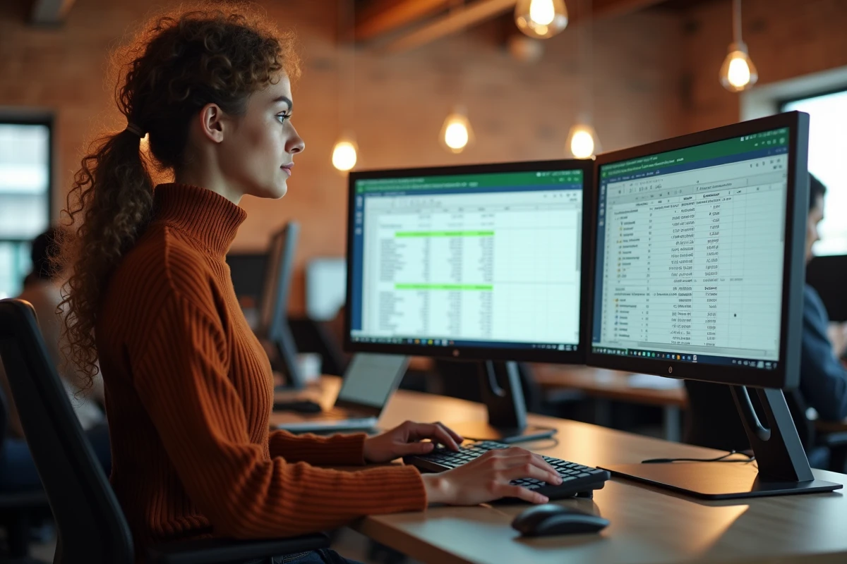 Jeune femme debout dans un espace de coworking utilisant Excel avec mise en forme conditionnelle pour identifier des doublons sur double écran
