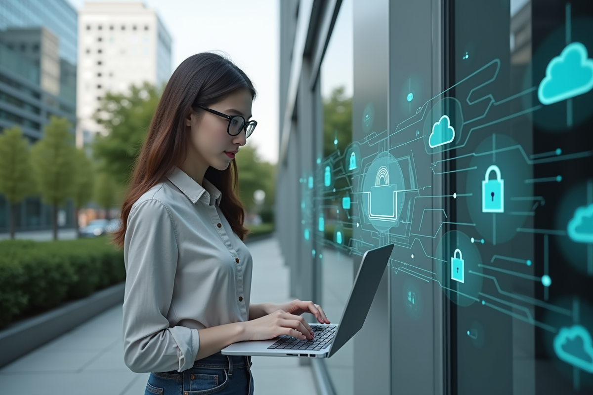 Jeune femme analyse une projection de sécurité digitale