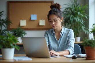 Jeune femme au bureau utilisant un ordinateur pour réseaux sociaux