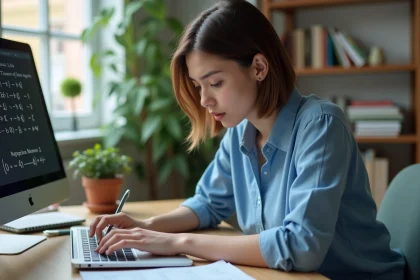 Jeune femme tapant des symboles mathématiques sur un clavier