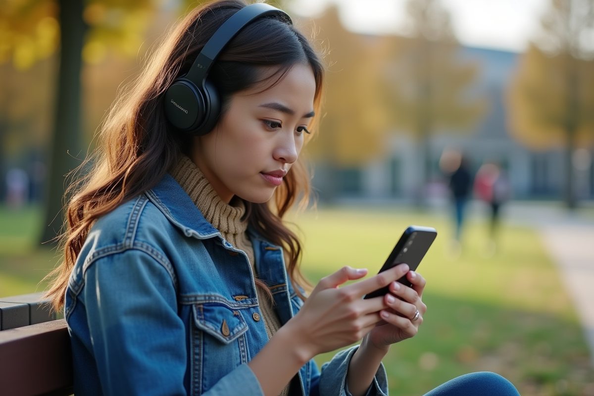 Jeune femme avec casque utilisant son smartphone en plein air