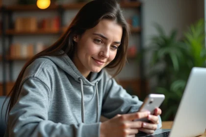Jeune femme en hoodie utilisant son smartphone avec WhatsApp