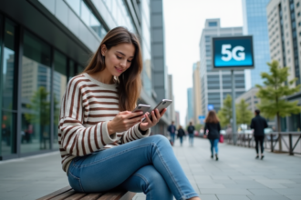 Jeune femme comparant deux smartphones en ville