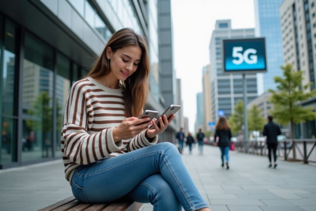 Jeune femme comparant deux smartphones en ville