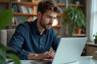 Jeune homme en chemise bleue concentré sur son ordinateur dans un bureau moderne