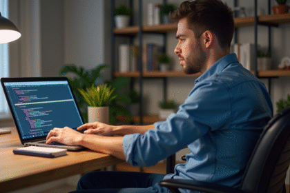 Jeune homme concentré devant son ordinateur dans un bureau moderne