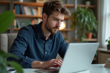 Jeune homme en chemise bleue concentré sur son ordinateur dans un bureau moderne