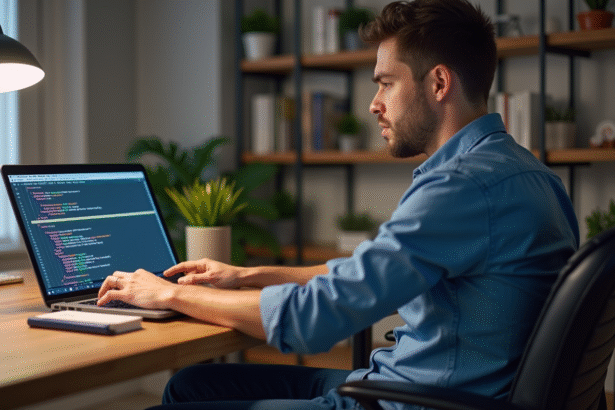 Jeune homme concentré devant son ordinateur dans un bureau moderne
