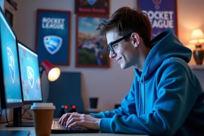 Jeune homme concentré sur son ordinateur dans une chambre cosy