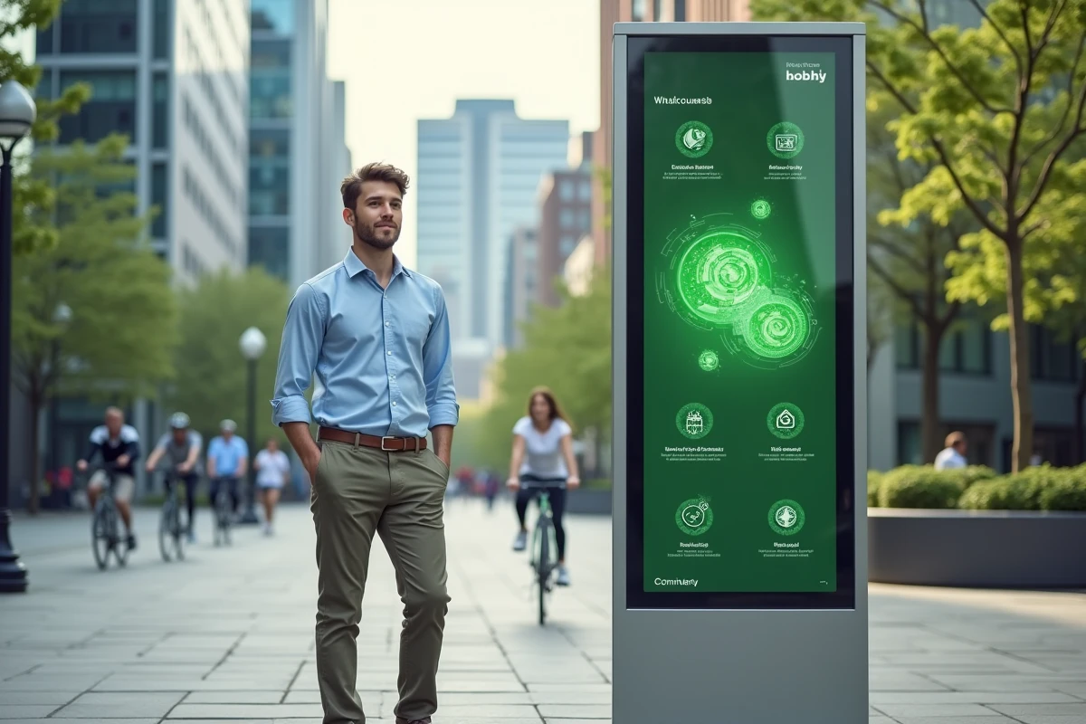 Jeune homme devant panneau d information ecotech en ville