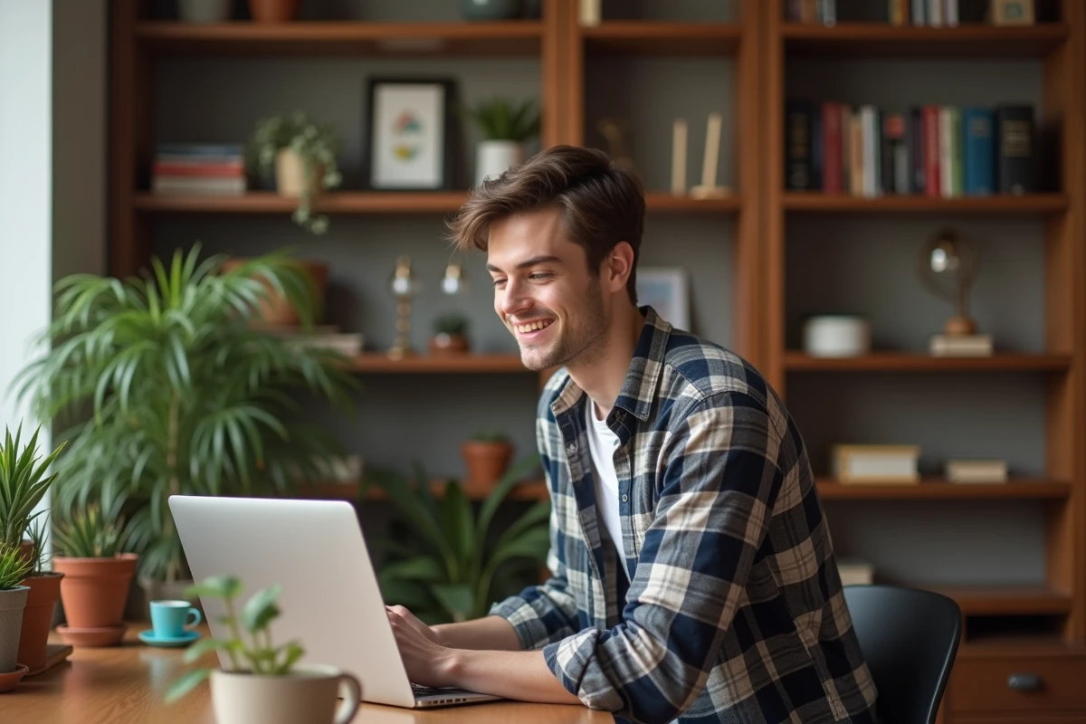 Jeune homme dans une bibliothèque avec son ordinateur portable