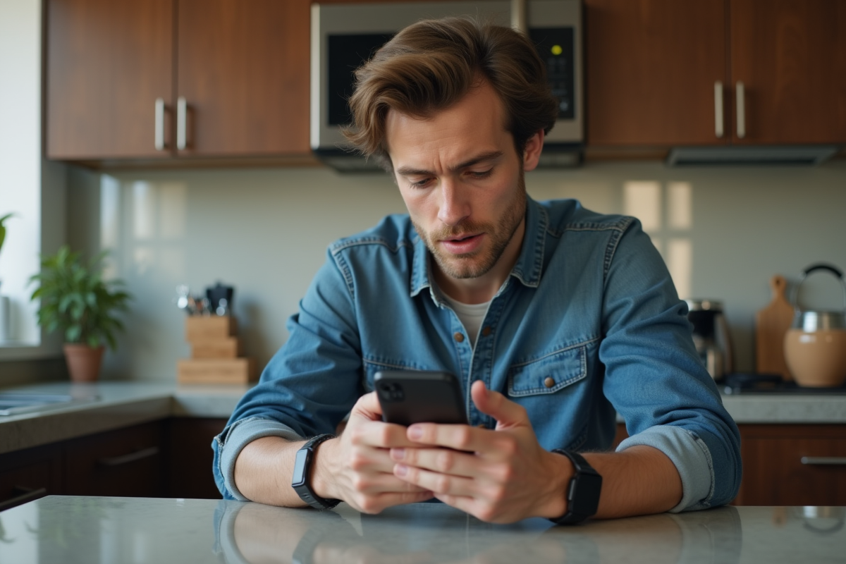 Jeune homme recevant un message douteux sur son smartphone dans la cuisine