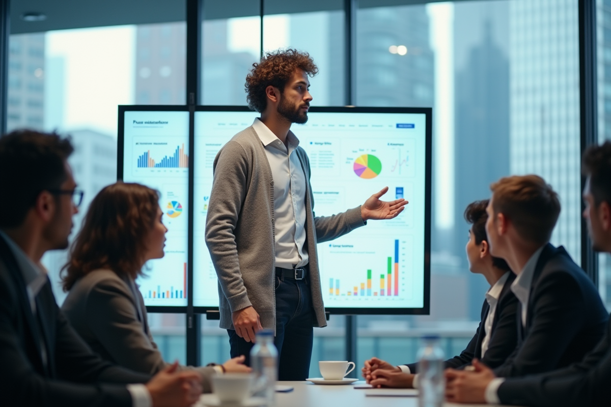 Jeune homme expliquant des diagrammes sur un tableau interactif