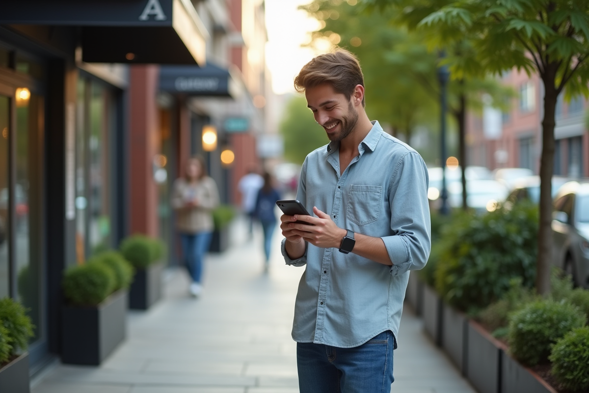 Jeune homme souriant regardant son smartphone dans la rue urbaine