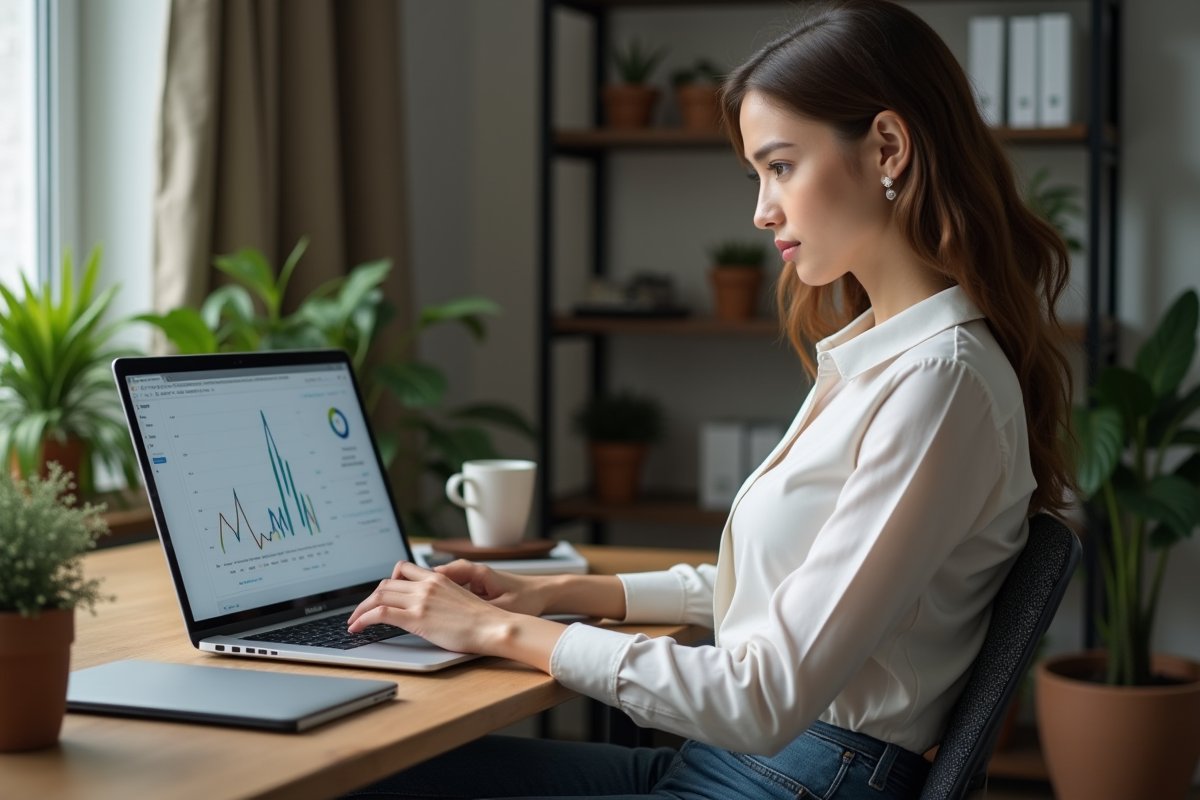 Jeune femme en home office utilisant un ordinateur portable